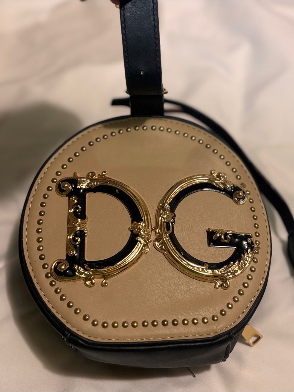 Black & Beige Round Crossbody Bag Gold DG Logo Circle Purse